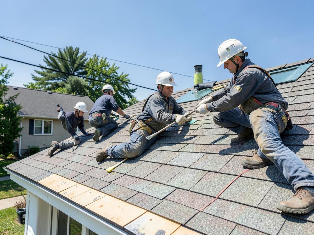 Illustrative roofing crew installing a new roof